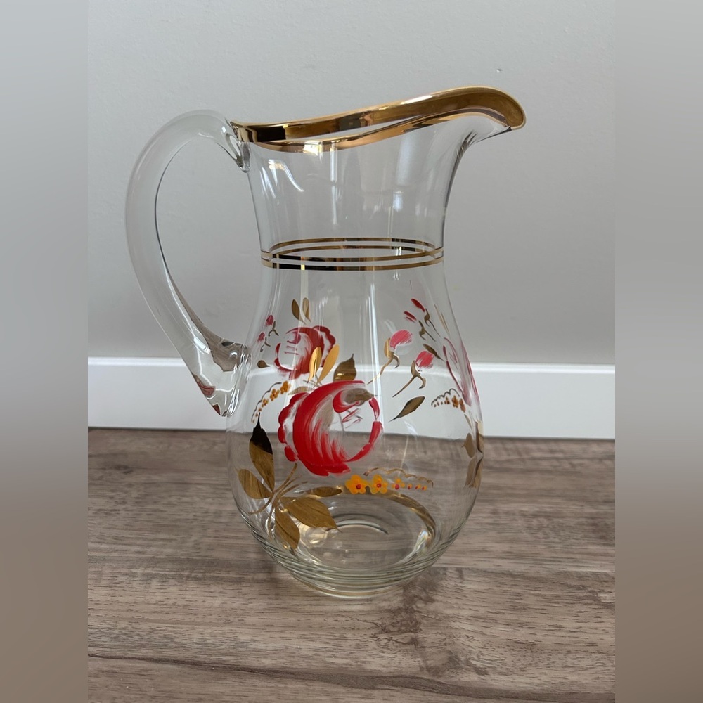 Vintage Hand-Painted Glass Pitcher with Gold Trim floral flowers water juice